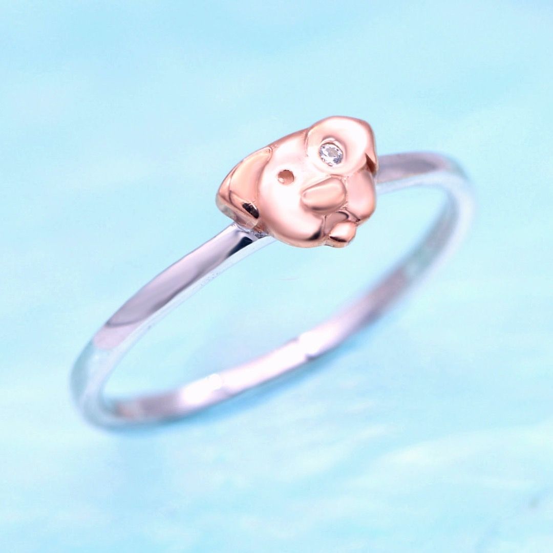 Cute Dog 925 Silver Stackable Ring with CZ Diamond White Gold
