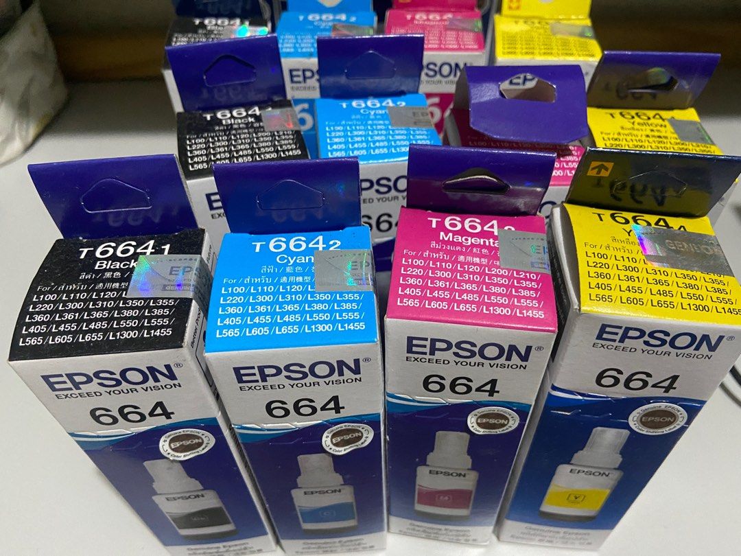 EPSON PRINTER INK 664 (Category: Printers, Scanners & Copiers) located in Quezon. Submitted by pawneegomia (Listing ID 1195549414, Image 2). Description: Sealed and authentic Set - 700 250/pc 3 sets 3 magenta 3 yellow 3 cyan 4 black #epson #L100 #L110 #L120 #L200 #L210 #L220 #L300 #L310 #L361 #L365 #L380 #L385 #L405 #L455 #L485 #L550 #L555 #L565 #L605 #L655 #L1300 #L1455.