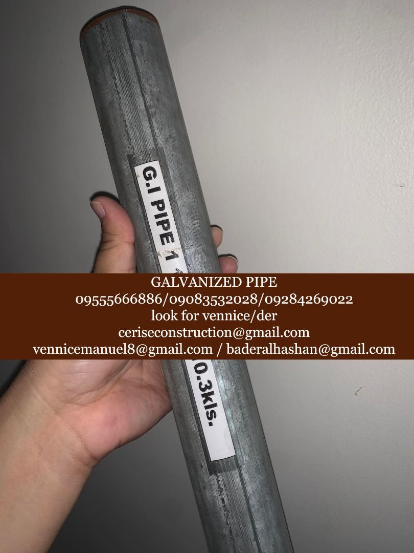 Galvanized pipe (Category: Construction & Building Materials) located in Manila. Submitted by vlmhardwarevennice (Listing ID 1195409418, Image 1). Description: for inquiries contact: 0-9-5-5-5-6-6-6-8-8-6 0-9-0-8-3-5-3-2-0-2-8 0-9-2-8-4-2-6-9-0-2-2 look for vennice/der or email me at ceriseconstruction@gmail.com vennicecahello@gmail.com baderalhashan@gmail.com We also offer shipping via Lalamove, jrs, and other tracking and bus liner Office locat