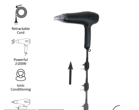 Hairdryer. Retractable Cord. Fast Drying 2100W. Ionic. Foldable.  Lightweight KNT0815, Beauty & Personal Care, Hair on Carousell