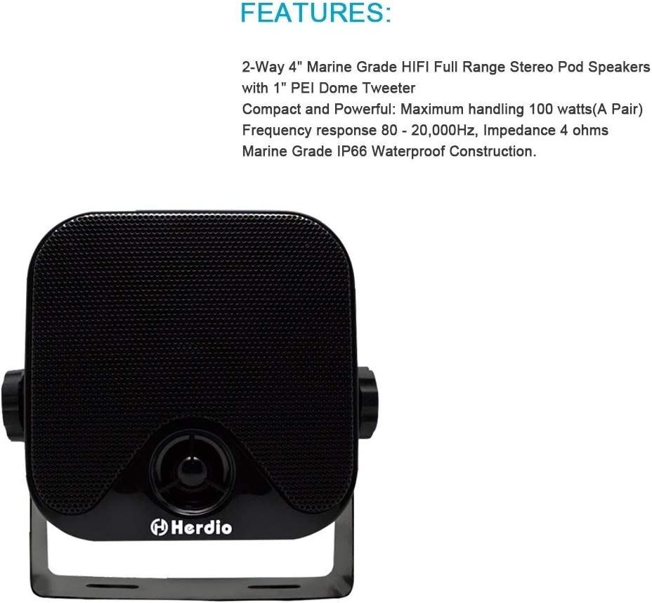 Herdio 120W Outdoor Speakers Waterproof 4 Inches Marine Grade Mount
