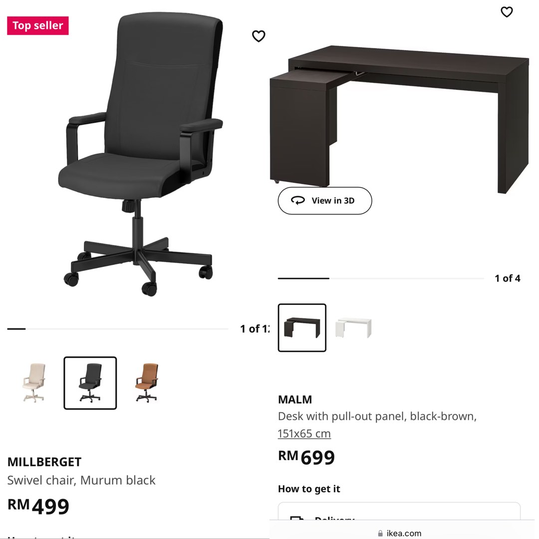 SET IKEA MALM STUDY DESK & MILLBERGET COMPUTER SWIVEL CHAIR, Furniture