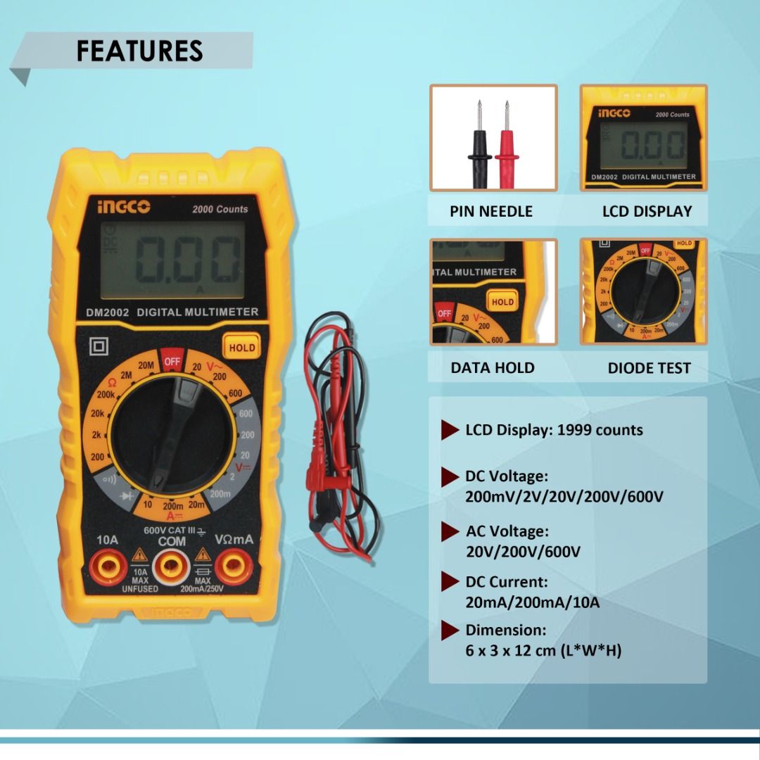 INGCO DIGITAL MULTIMETER TESTER, CAT.III 600V DM2002, BEST FOR MULTI
