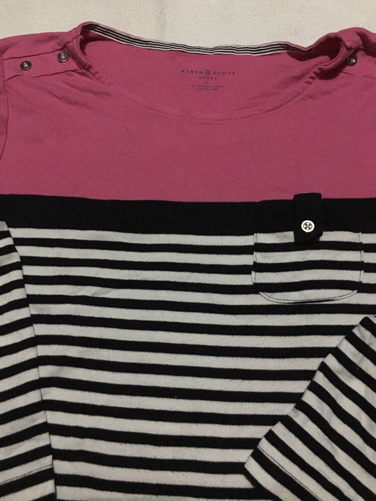 Karen scott blouse size Large (Category: Blouses) located in Antipolo. Submitted by seylecious (Listing ID 1195574158, Image 3). Description: Katen Scott blouse large in size Pink black white stripe combination 3/4 sleeve Rfs: decluttering/wfh.