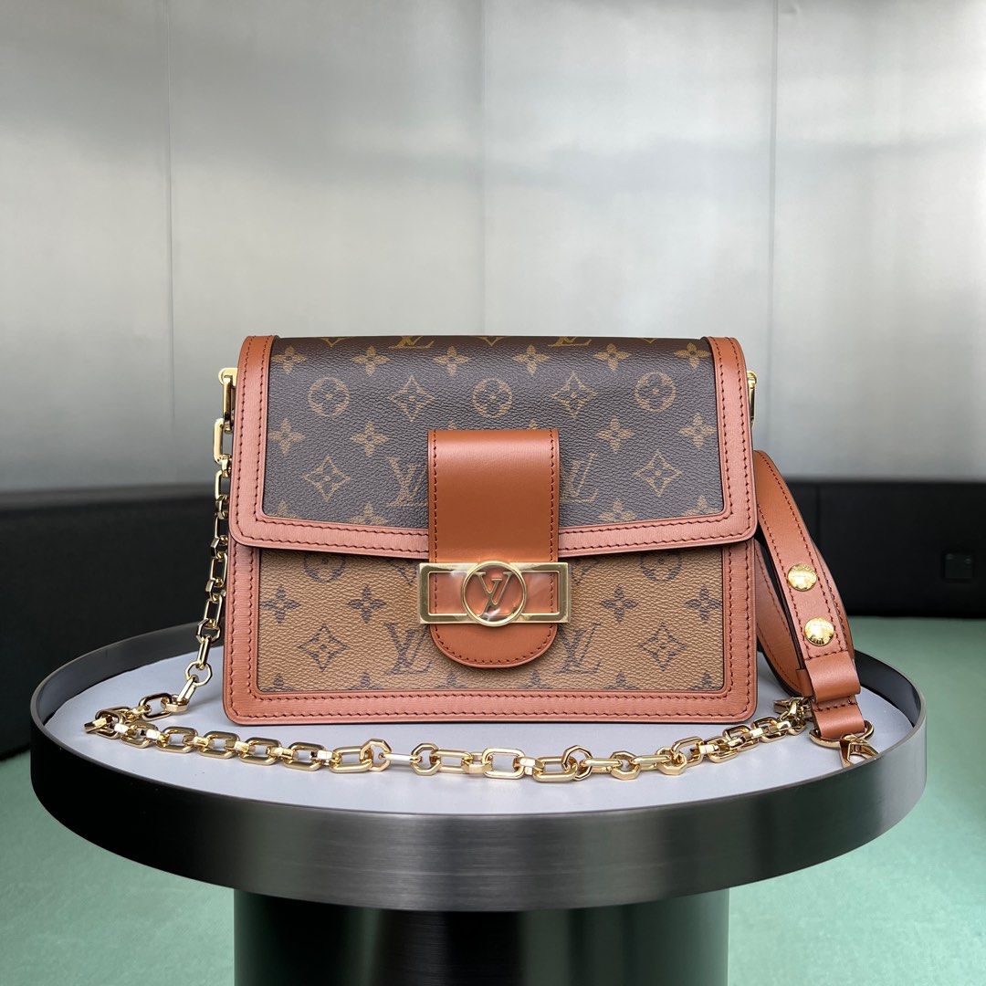 Louis Vuitton Ebene Reverse Monogram Dauphine MM Shoulder Bag Gold
