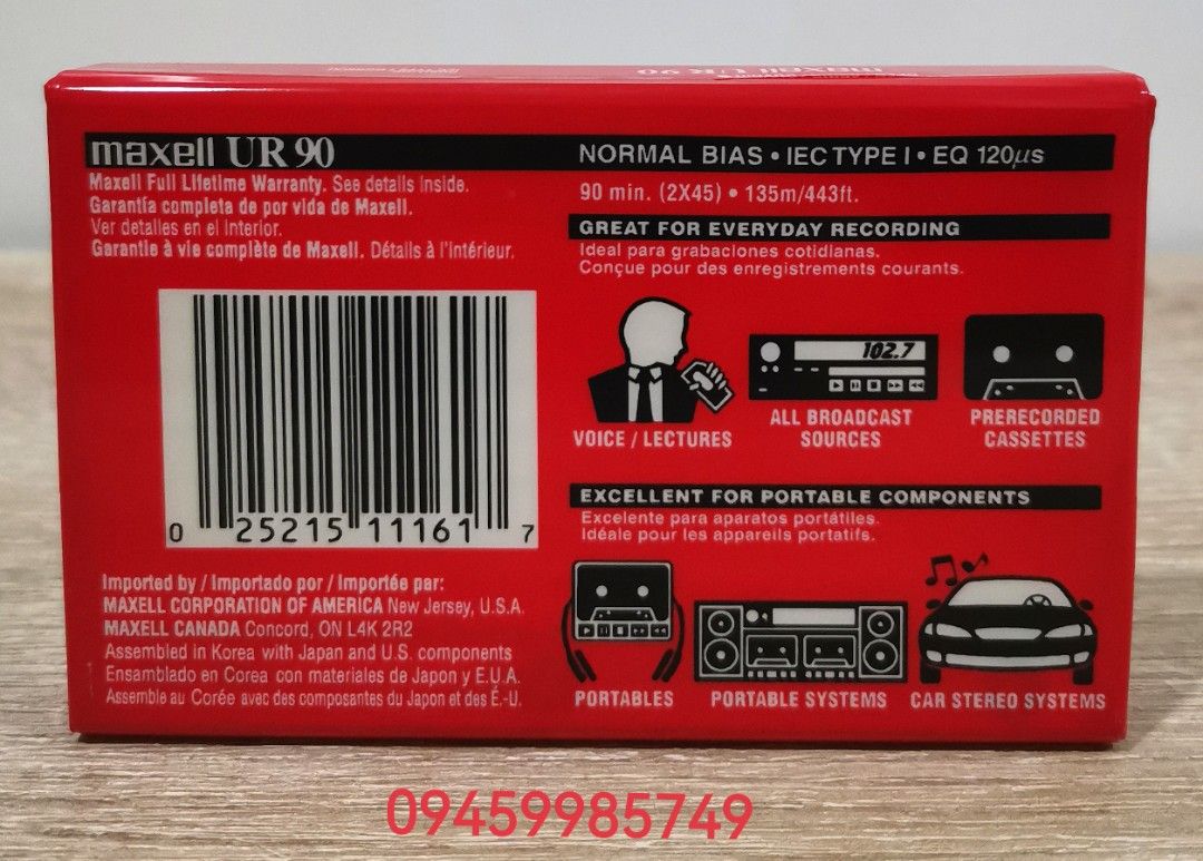 MAXELL UR90 Cassette Tape (Category: Portable Audio Accessories) located in Cebu City. Submitted by cebu_vintage_audio (Listing ID 1195535586, Image 3). Description: Sealed tape, Normal bias Type 1 90 mins playing time; 45 min each side call/text: 09611016075.