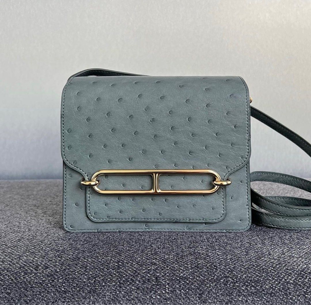 NEW Hermes Roulis Mini Vert Amande Ostrich Permabrass
