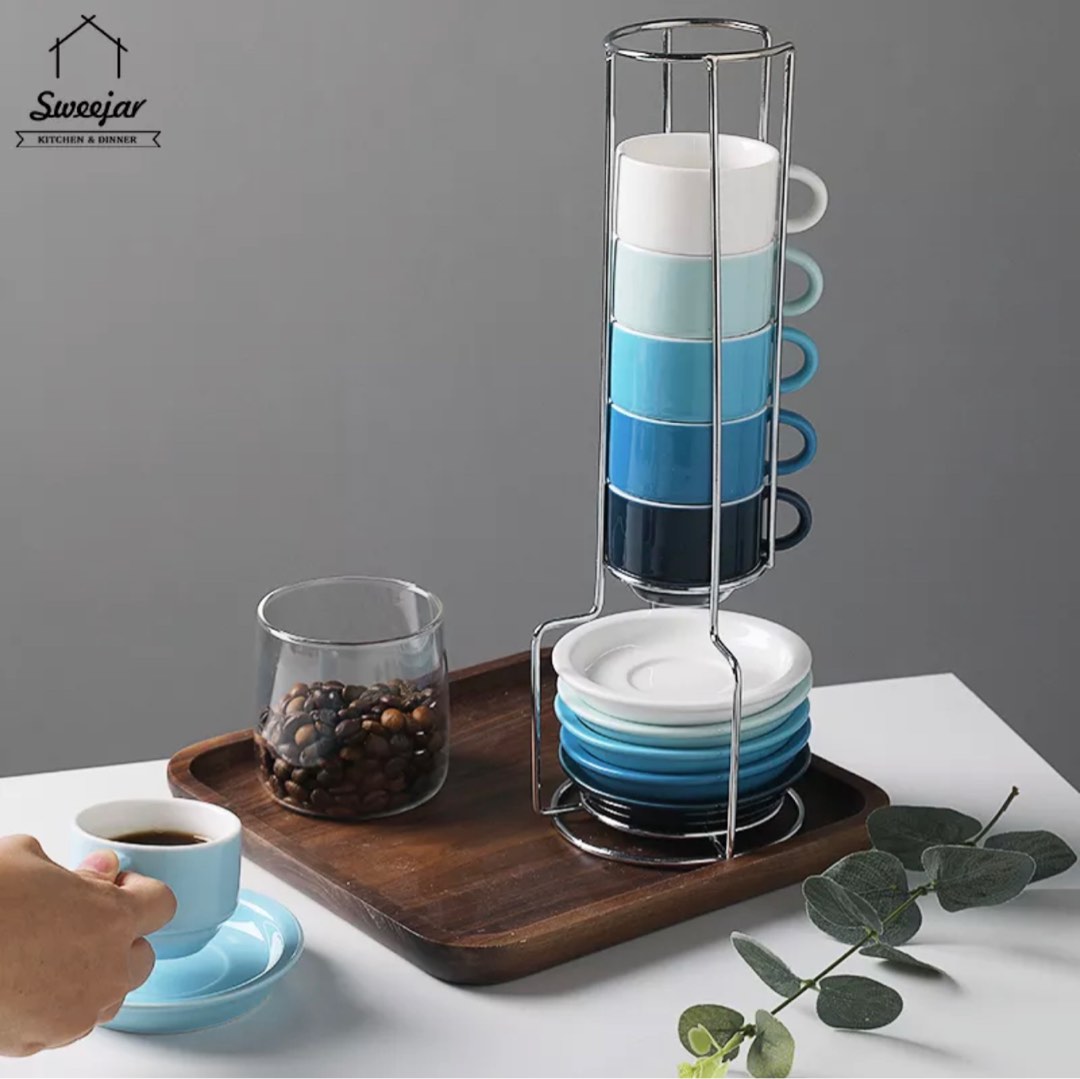 Porcelain Espresso cups with saucer set and metal stand (Blue ...
