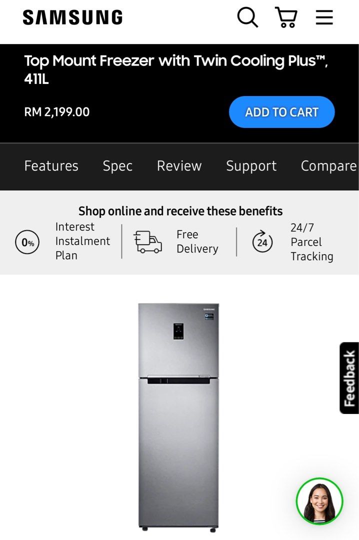 SAMSUNG Top Mount Freezer with Twin Cooling Plus 411L, TV & Home