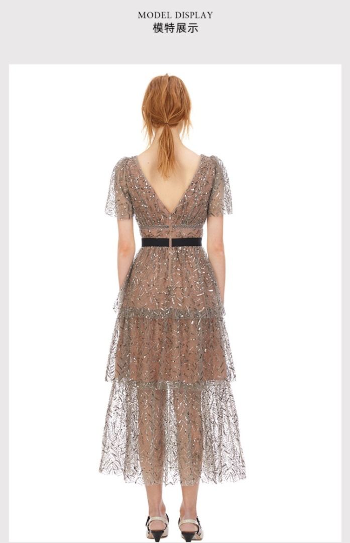 Self Portrait V Neck Beaded Midi Dress UK4 6 8, 女裝, 連身裙 & 套裝, 連身裙 ...