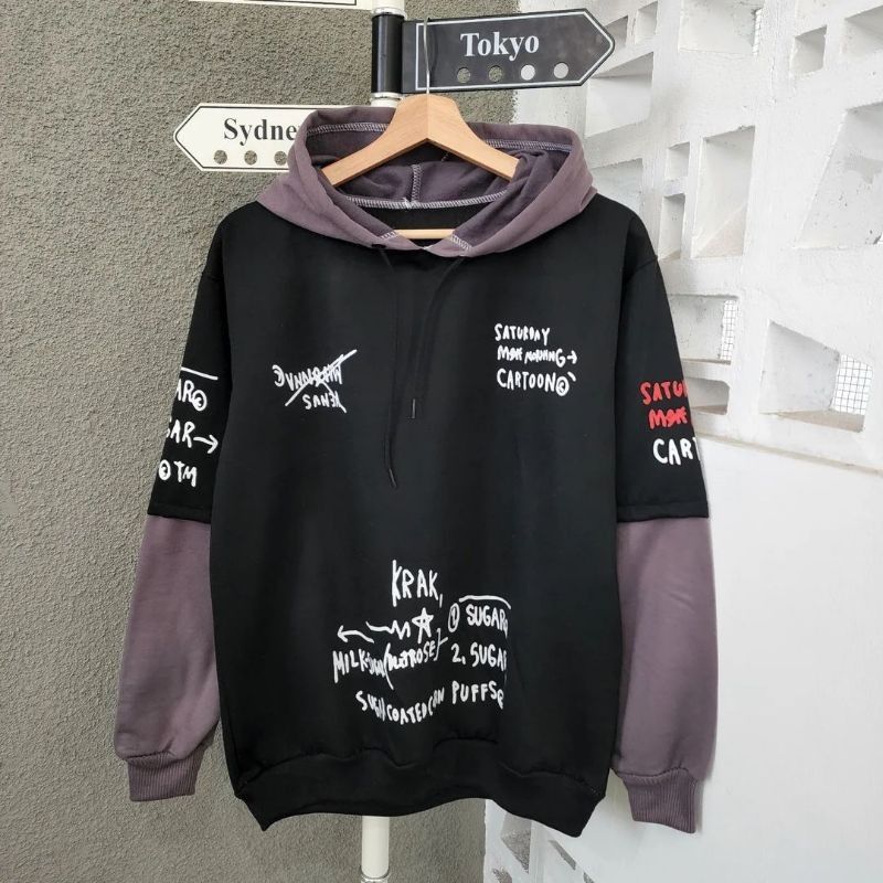 Sweater hoodie pria saturday combine hoodie black