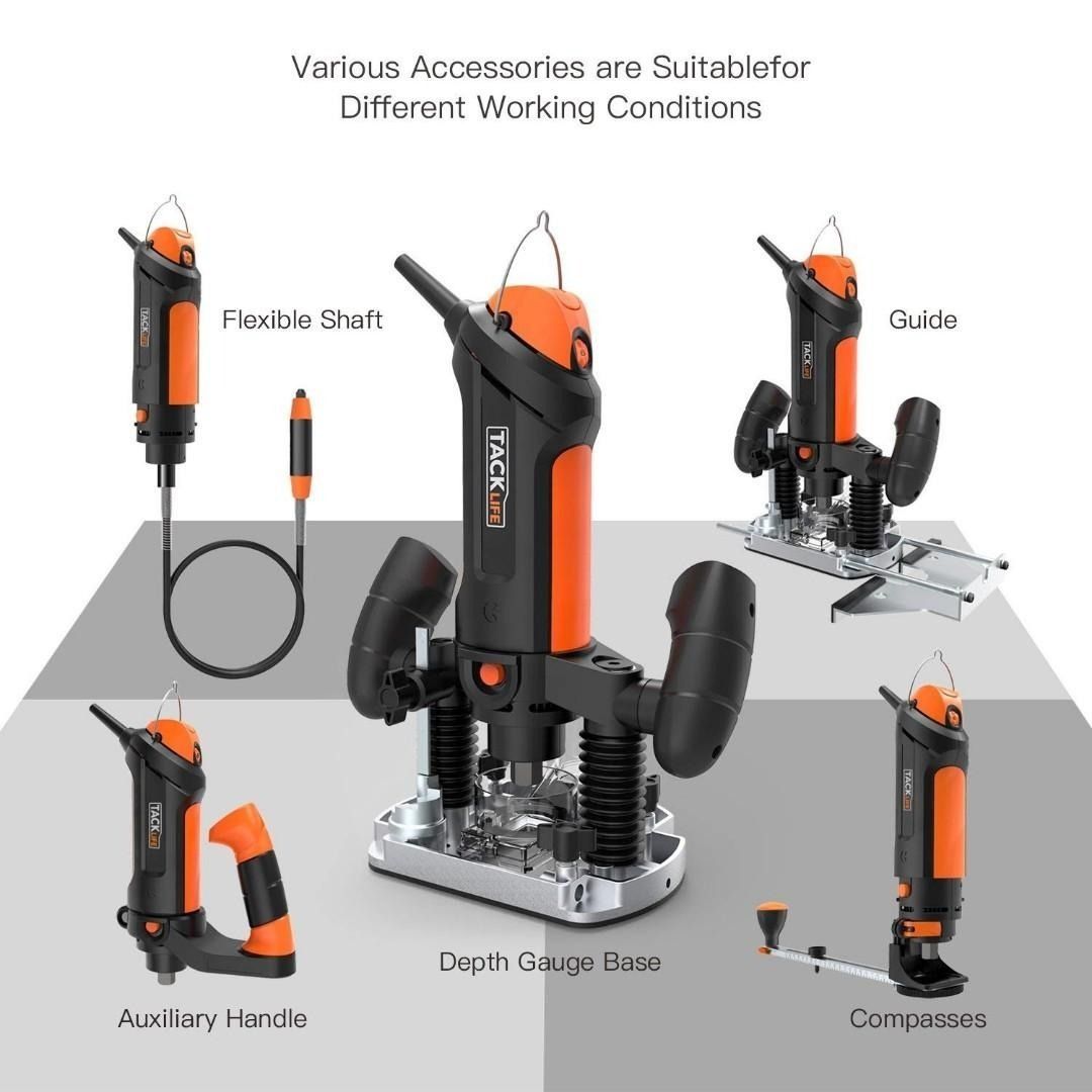 TACKLIFE Plunge and Fixed Base Router 30 000RPM Compact Router Kit 6 Variable Speed Router Tool 1 8