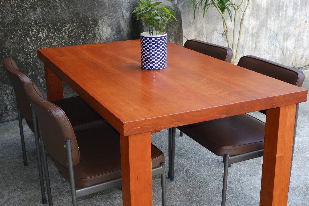 6 seater dining table solid wood with 4 leather chair, Furniture & Home