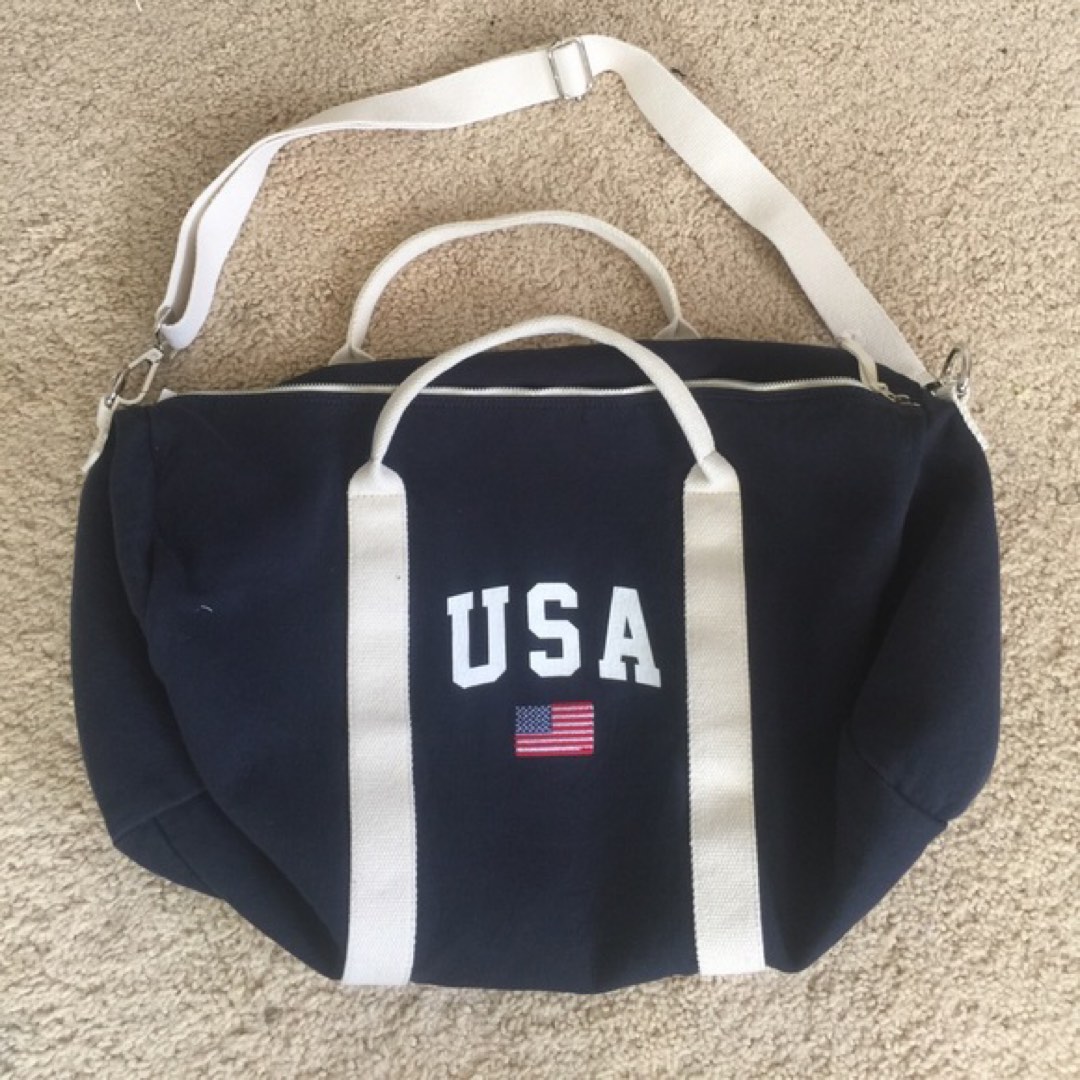 Brandy Melville USA Flag Navy Blue Duffle Camp Bag, Women's Fashion