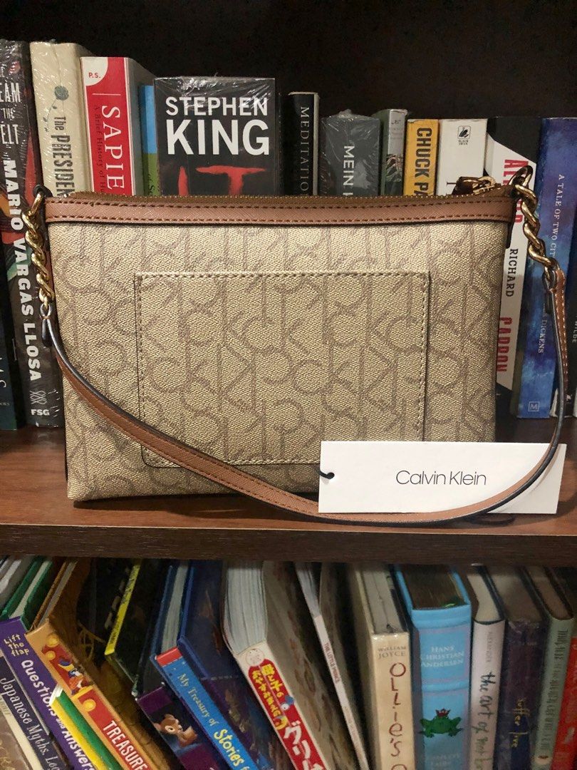 Calvin Klein Monogram Logo Print Chainlink Shoulder Bag With Top Zipper