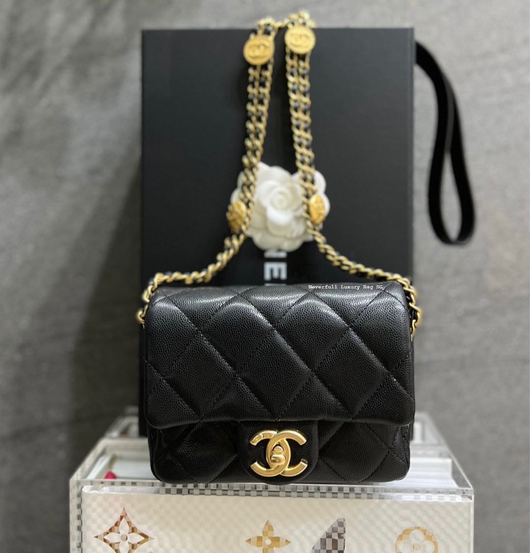 Chanel Mini 22A Flap Bag Gold Coin Black Caviar Ghw, Luxury, Bags & Wallets  on Carousell