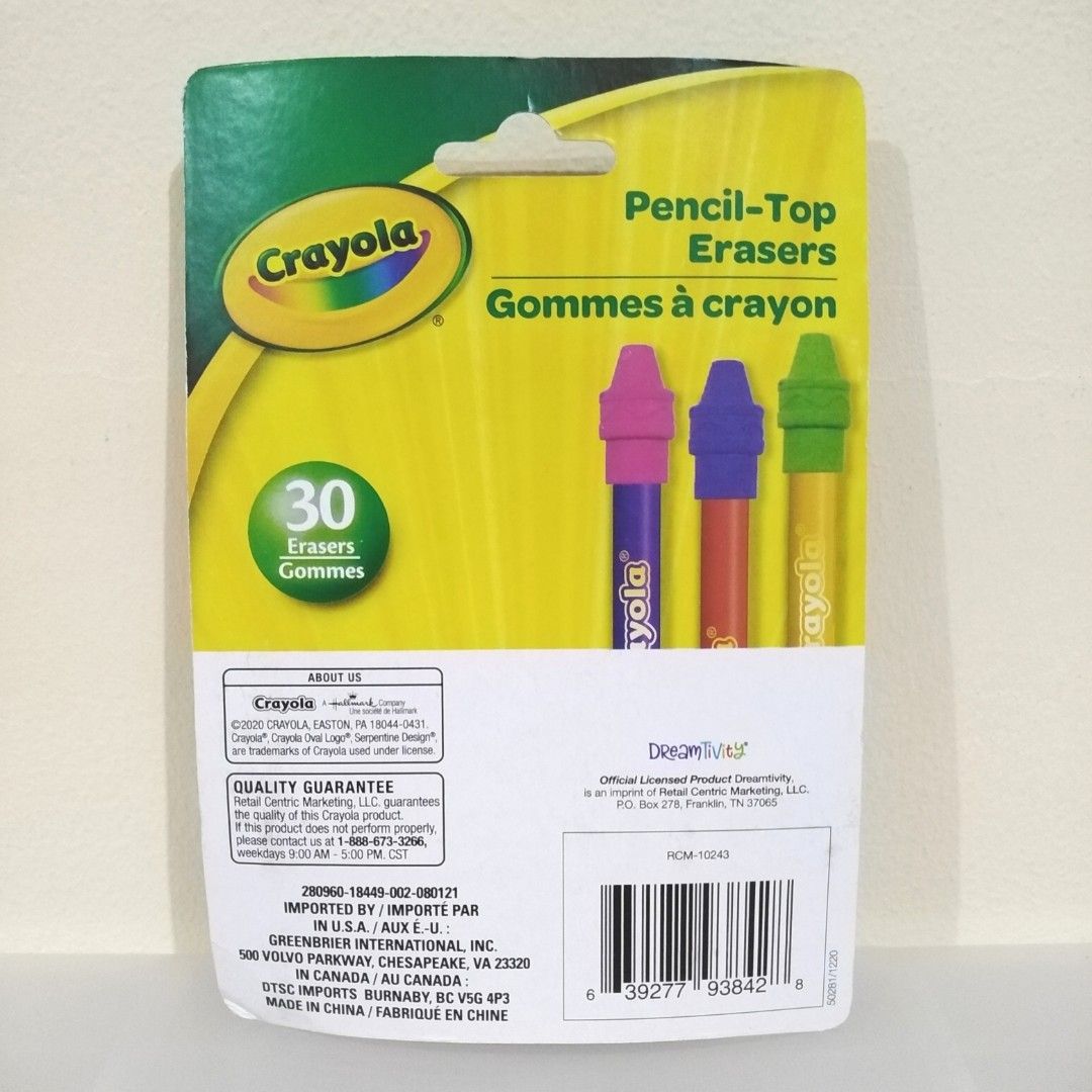 Crayola Pencil Top Eraser, Hobbies & Toys, Stationary & Craft
