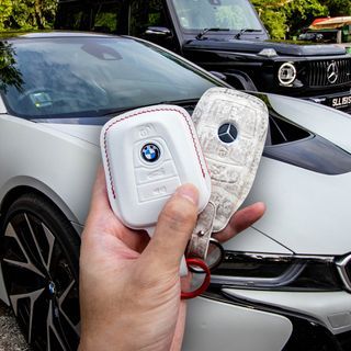 Custom Made BMW I8 and Mercedes G-Class Car Key Pouches in White Nappa and Natural Himalayan Crocodile Leather