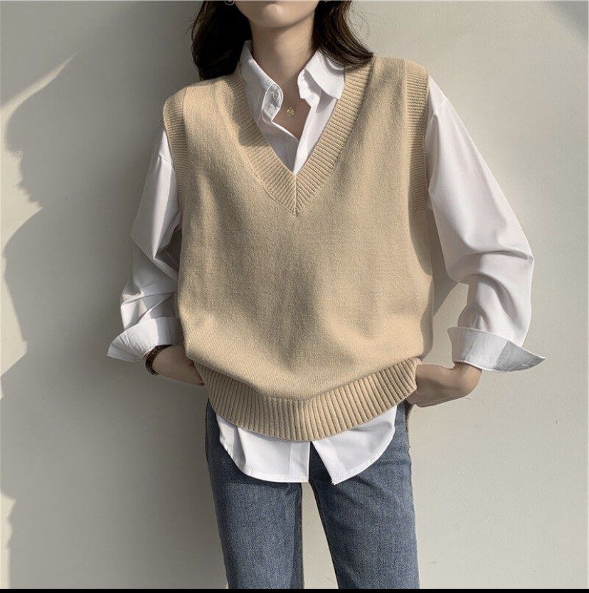 Korean Women Style Apricot Vest, Men's Fashion, Tops & Sets, Vests on