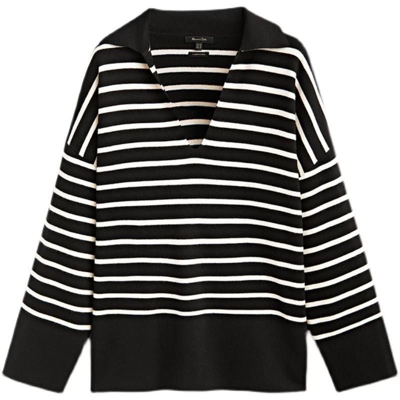 Massimo Dutti Navy Striped V neck Jumper