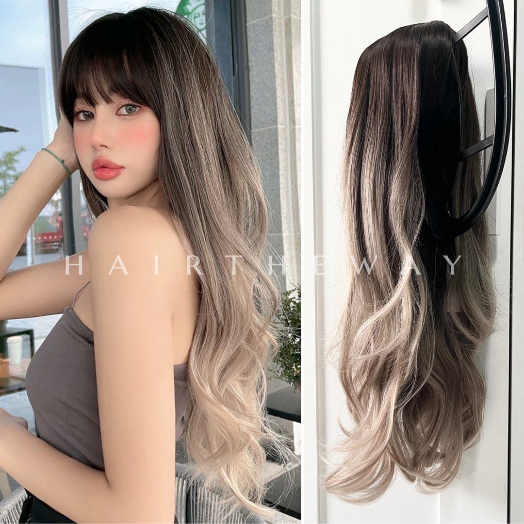 MIKA | Natural Dark Brown to Ash Grey Blonde Gradient Ombre Balayage Wavy  Curly Loose Perm Hair Wig with Bangs Fringe, Beauty & Personal Care, Hair  on Carousell