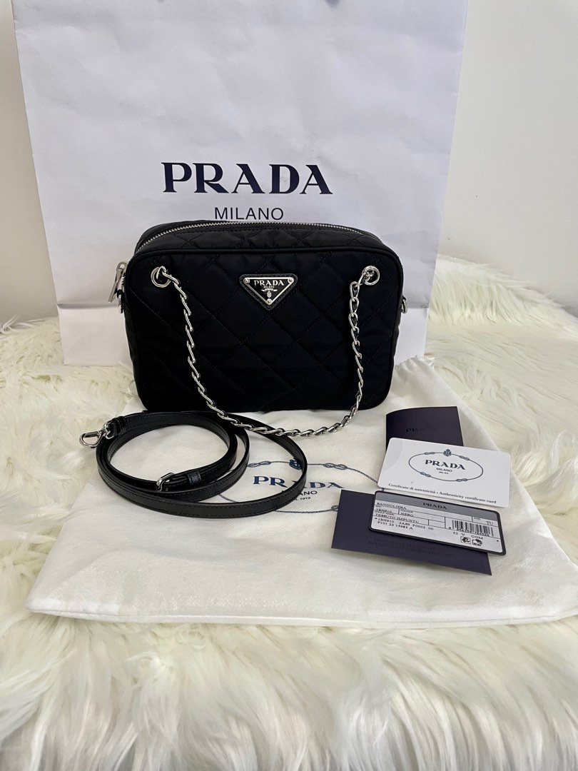 Prada Re-Edtion Nylon Quilted Black Triangle Logo Crossbody Bag 1BH910 