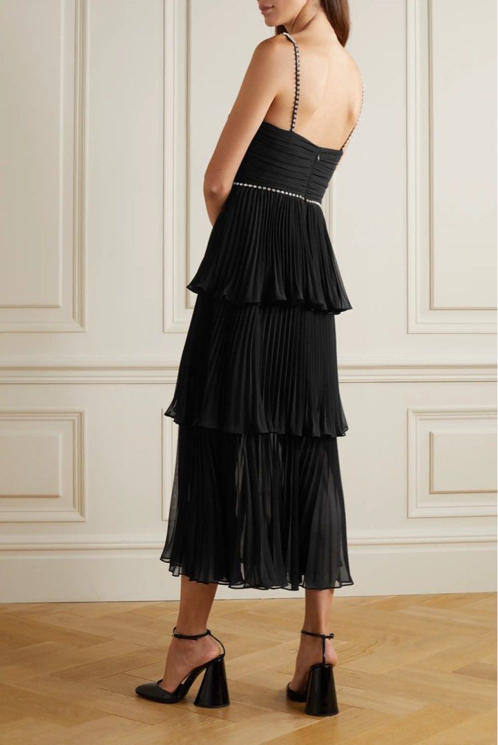 self portrait black chiffon tiered midi dress Self-Portrait Tailored Crepe And Chiffon Midi Dress in Black