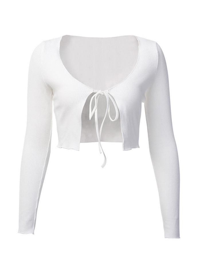 Tie Neck Open Front Rib-knit Top