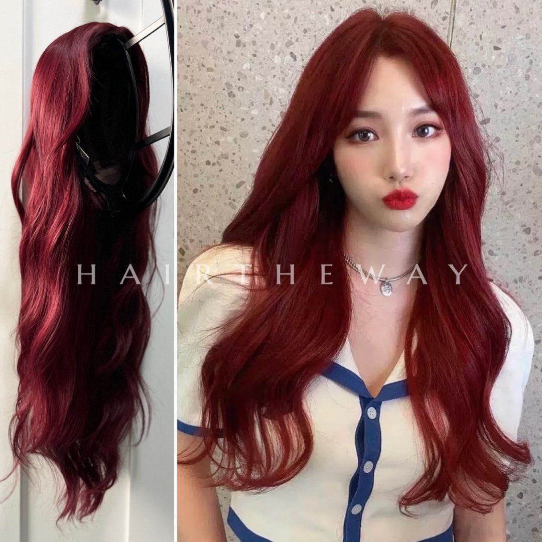 SHIRA | Natural Burgundy Maroon Red Long Water Waves Perm Hair wig with  Side Curtain Bangs Fringe, Beauty & Personal Care, Hair on Carousell