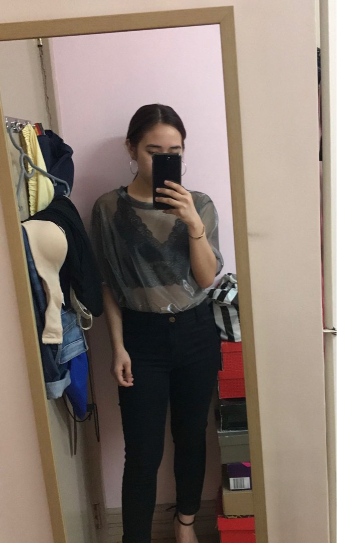 Stradivarius Sheer Silver Top, Women's Fashion, Tops, Blouses on Carousell