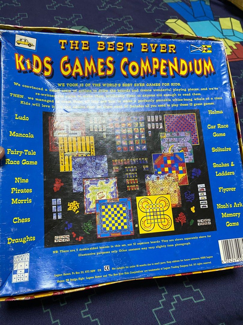 THE BEST EVER KIDS GAME (Category: Board Games & Puzzles) located in Cainta. Submitted by jnr_eshop (Listing ID 1195797097, Image 2). Description: THE BEST EVER KIDS GAME A collection of 12 games Preloved from UK Brand: Lagoon games Age 5-12 yr. old See box for the games Incomplete but can still be played 5 game boards 10 games 1 missing board Game pieces 27 x 27 x 7 cm P199.