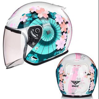 White with Floral Sakura Flowers Pink Blue Tiffany Designs Motorcycle Helmet Open Face Bike Motorbike Bike Visor