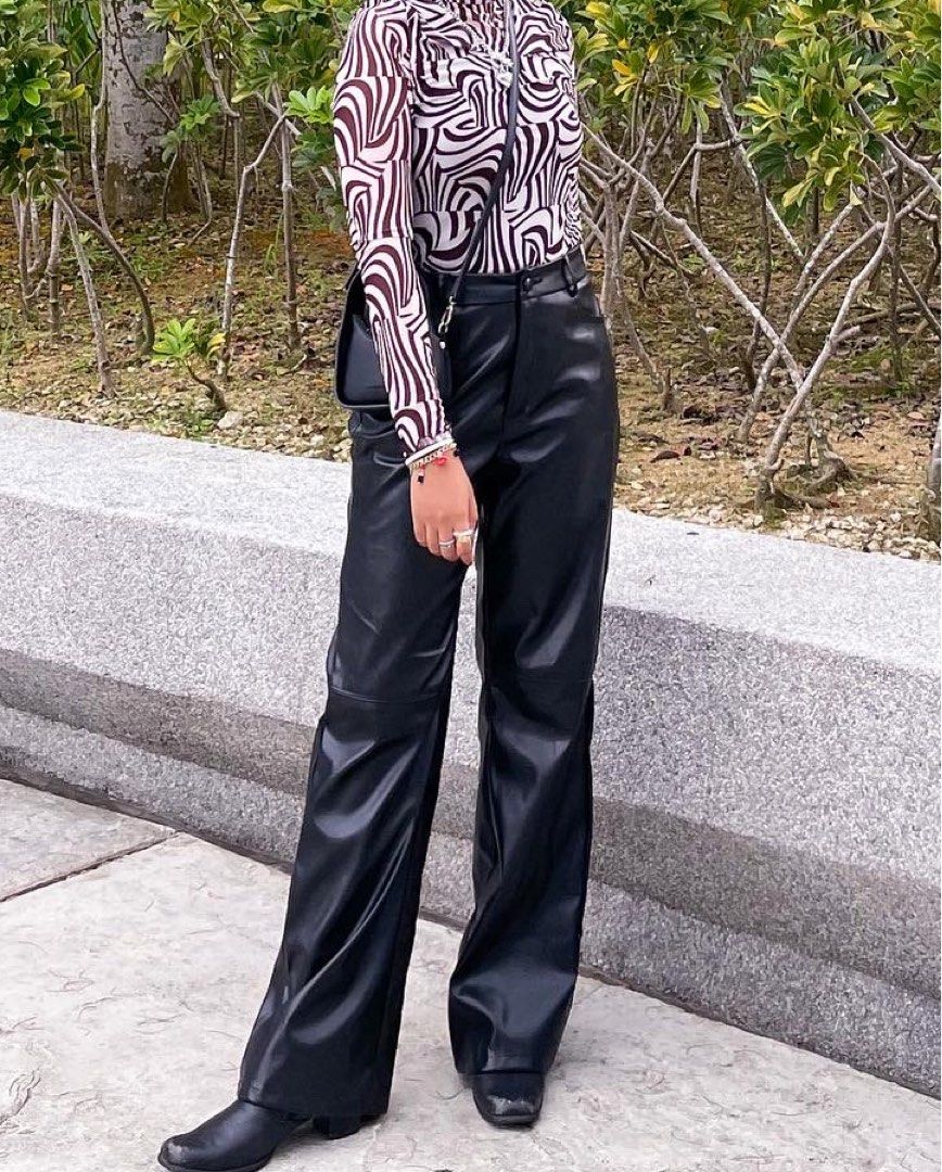 Wide black leather pants/ concert outfit, Women's Fashion, Bottoms, Jeans & Leggings on Carousell