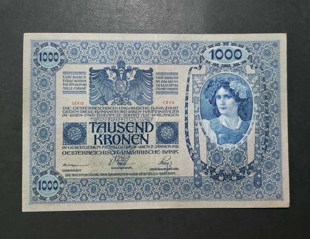 奧地利老紙大棉胎) 1902年奥地利1000克朗全新直版超過120年歷史, 興趣及遊戲, 收藏品及紀念品, 錢幣- Carousell