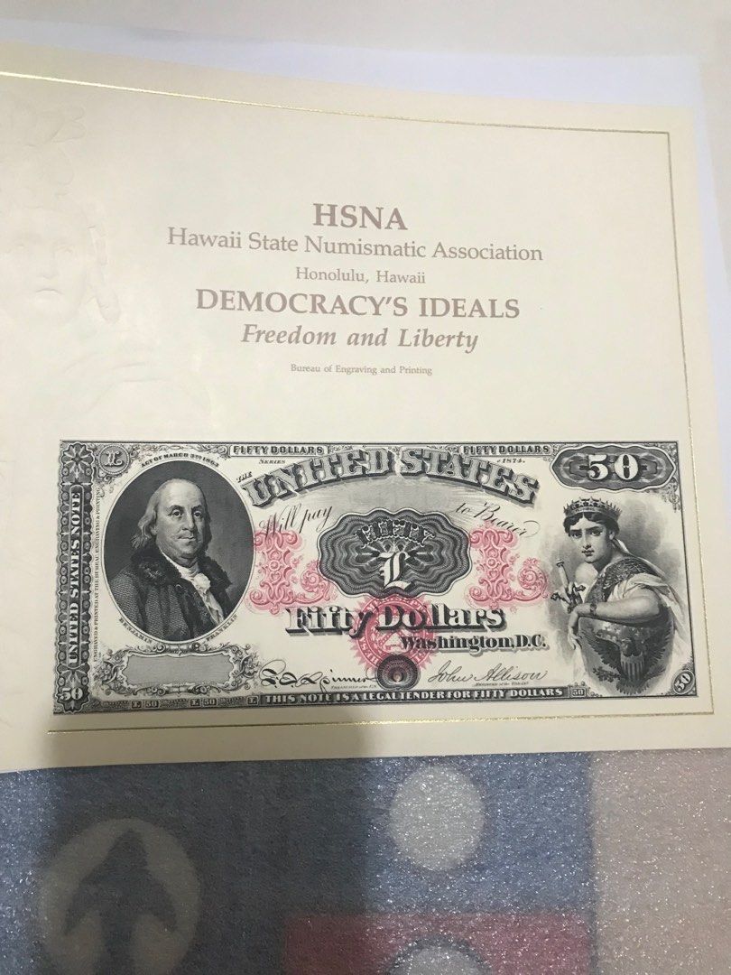 一張美國試印老鈔票樣張，美國財政部特別發行，美國財政部現場印刷，單面單色試印老鈔票50硬卡樣張，全新靚品，售價950, 興趣及遊戲, 收藏品及紀念品,  錢幣- Carousell
