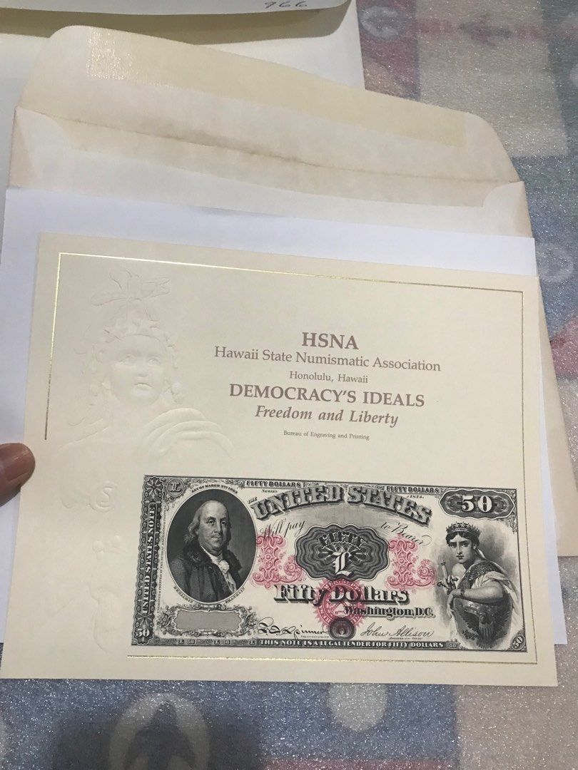 一張美國試印老鈔票樣張，美國財政部特別發行，美國財政部現場印刷，單面單色試印老鈔票50硬卡樣張，全新靚品，售價950, 興趣及遊戲, 收藏品及紀念品,  錢幣- Carousell