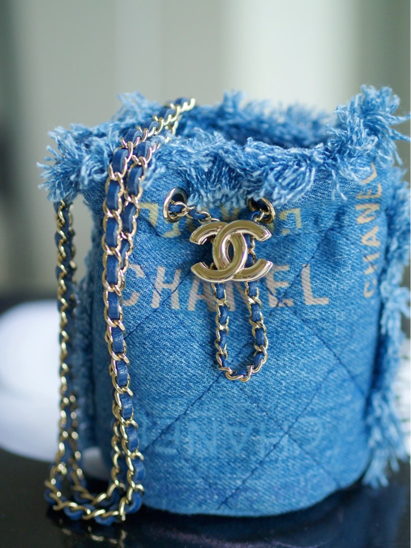 Below Retail Chanel SS22 Denim Mini Bucket Bag, Luxury, Bags