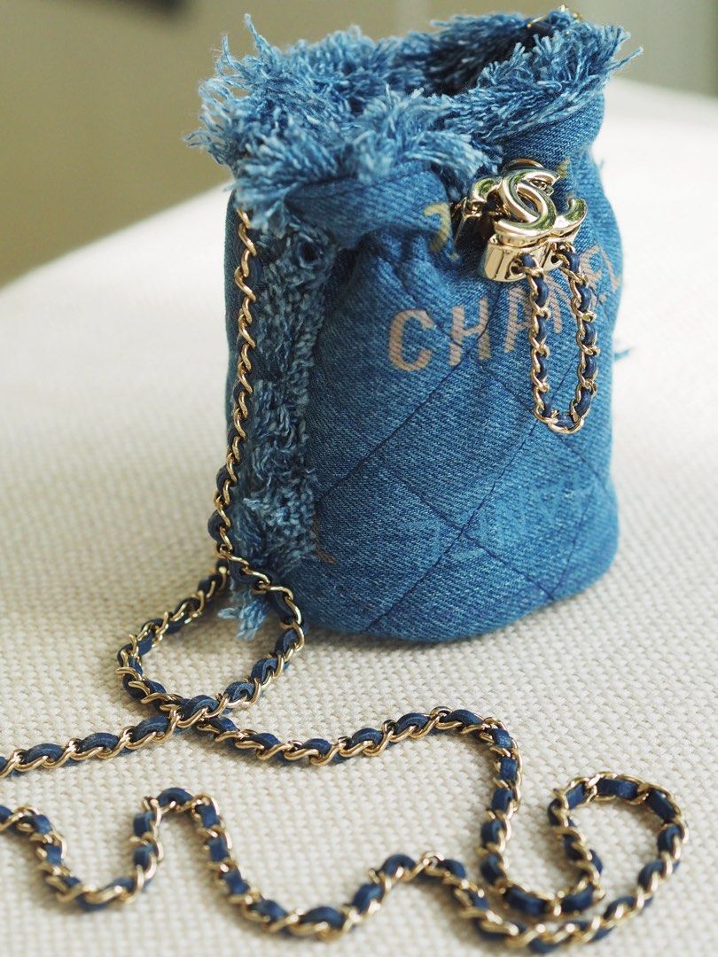 Below Retail Chanel SS22 Denim Mini Bucket Bag, Luxury, Bags
