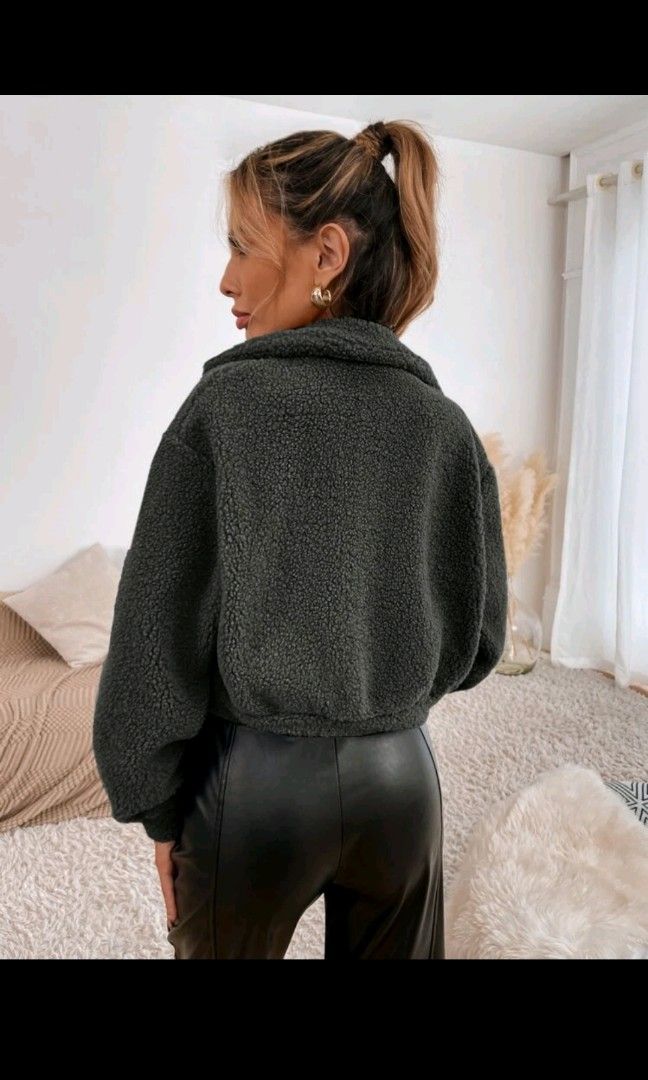 Grey cropped teddy jacket sale