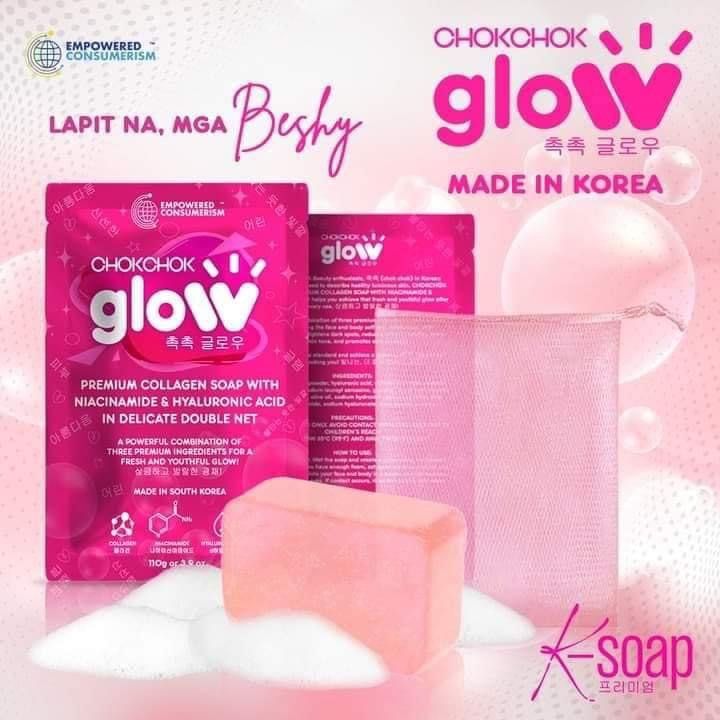 Chok Chok Glow KSoap Aim Global (Category: Face Care) located in Manila. Submitted by victoria.shop1 (Listing ID 1200375397, Image 1). Description: 𝑻𝒓𝒚 𝒐𝒖𝒓 𝑵𝑬𝑾 𝑷𝑹𝑬𝑴𝑰𝑼𝑴 𝑲-𝑺𝑶𝑨𝑷 𝒎𝒂𝒅𝒆 𝒊𝒏 𝑲𝒐𝒓𝒆𝒂 🇰🇷 Presenting 𝐂𝐇𝐎𝐊𝐂𝐇𝐎𝐊 𝐆𝐋𝐎𝐖 premium collagen soap with NIACINAMIDE and HYALURONIC ACID ✅PREMIUM COLLAGEN ➡️ Restores moisture from the skin to leave the face soft and moisturized. ➡️ Gives firmnessand elasticity to 