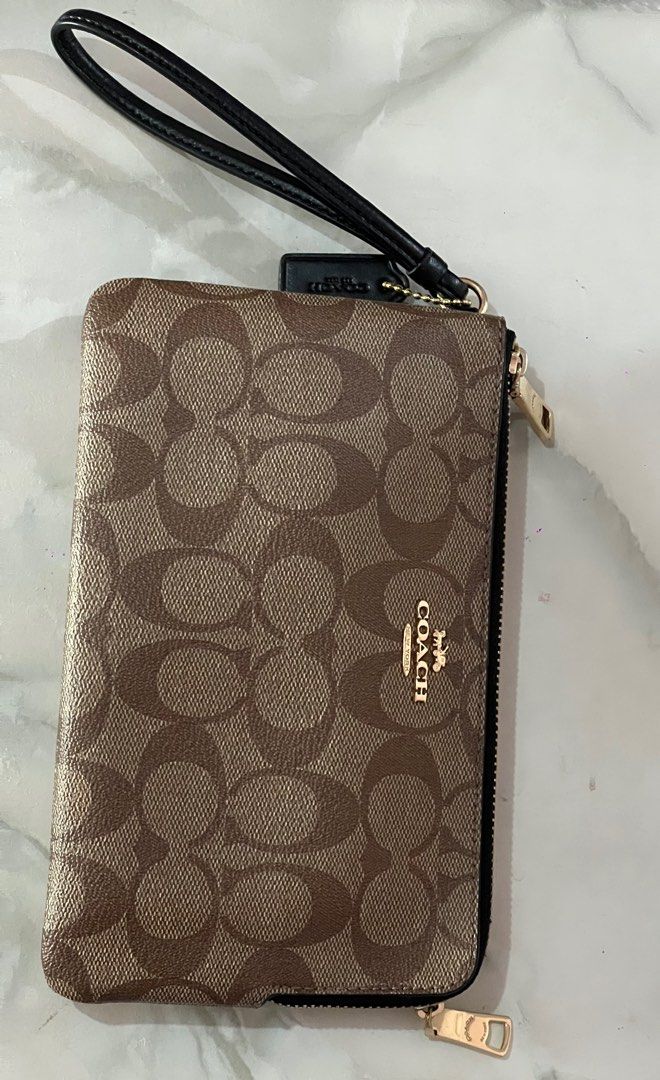 Coach Double Corner Zip Wristlet In Signature Canvas, Luxury, Bags