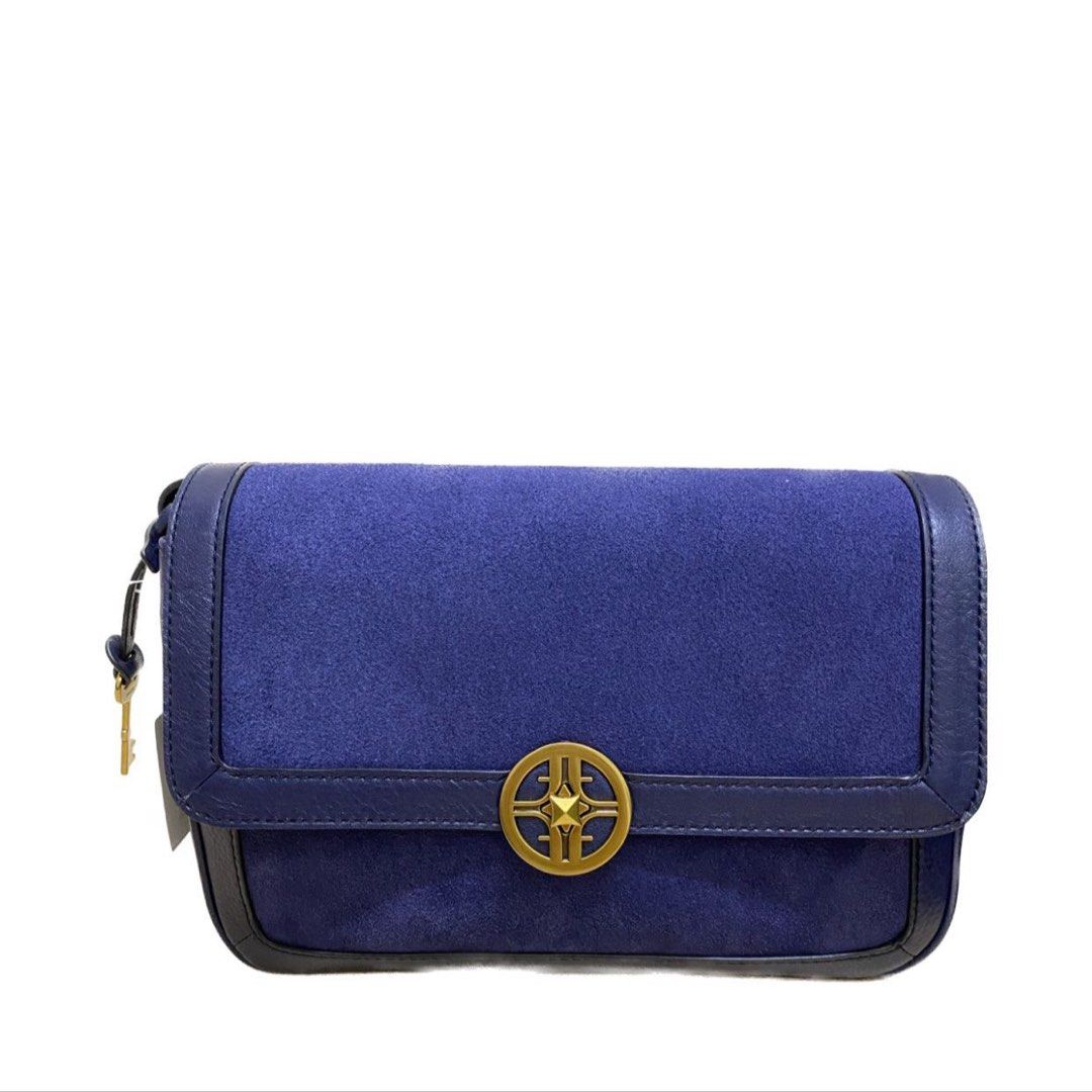 New! Fossil Gabriella Navy Blue Leather & Suede Flap Crossbody Bag  Handbag