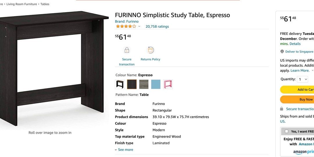 FURINNO Simplistic Study Table, Espresso