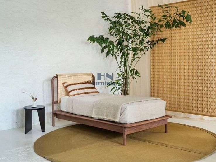 hn0146 MATHURA Solid Wood Bed Frame with Rattan Headboard, Furniture