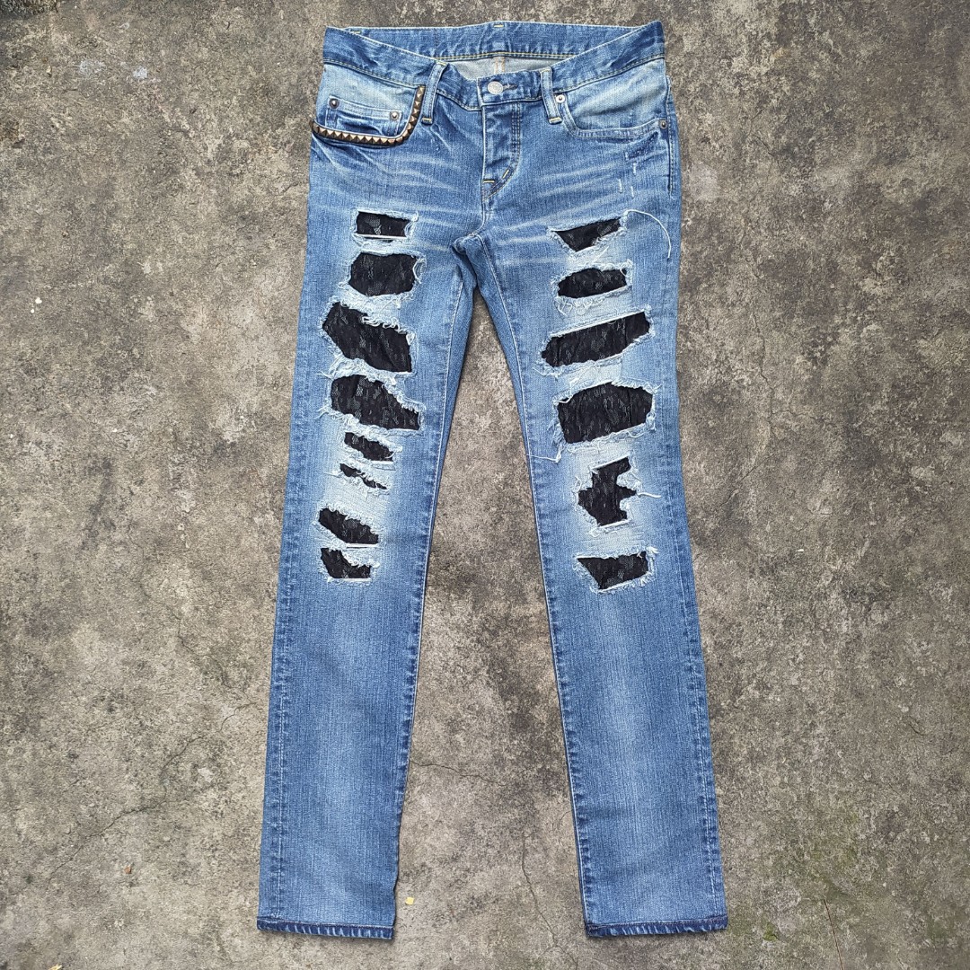 HYSTERIC GLAMOUR RIPPED JEANS/FLOWER PATTERN, Luxury, Apparel on Carousell