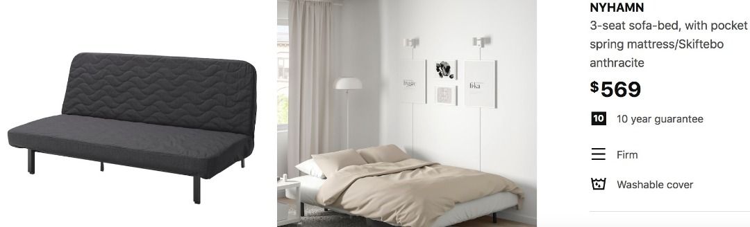IKEA NYHAMN 3 seat sofa bed with pocket spring mattress Skiftebo anthracite