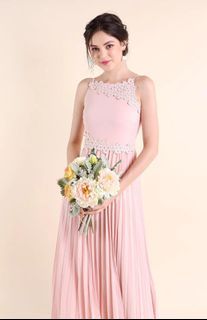 NEON MELLO Madebymn Chambury Crotchet Floral Pleat Maxi Dress In Peach Pink