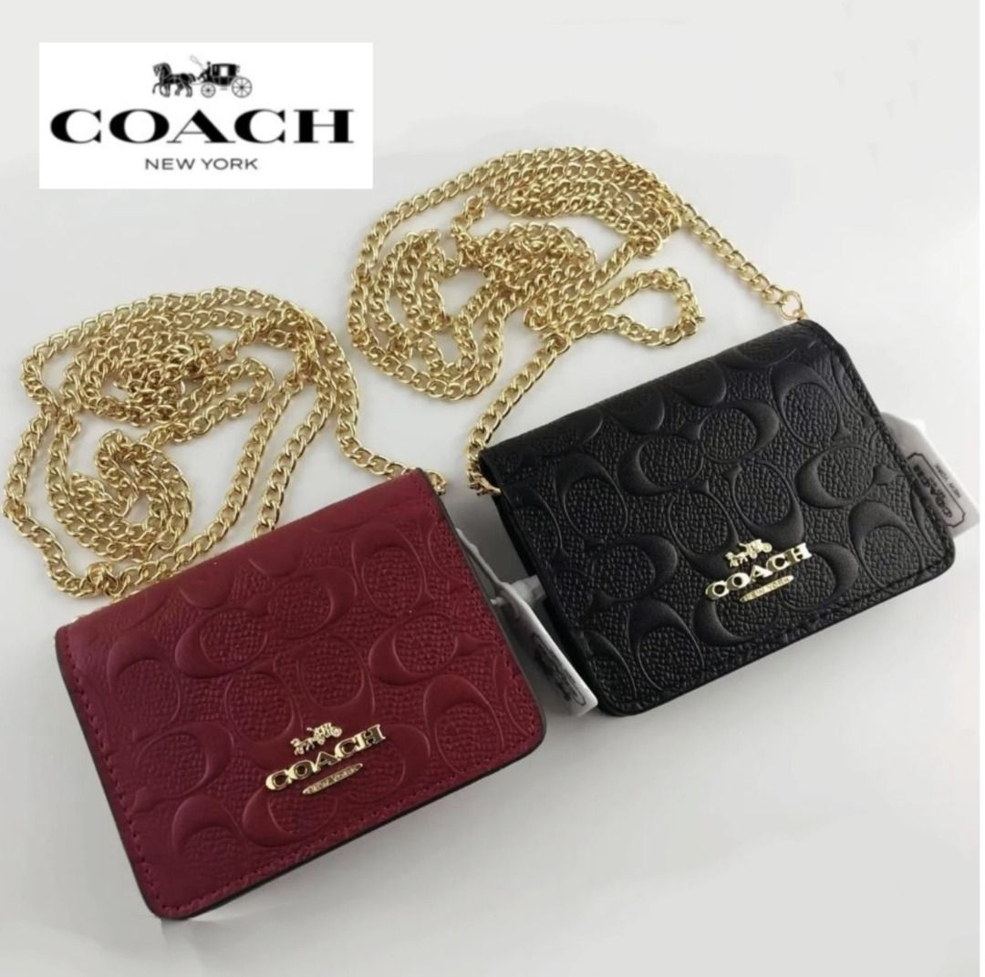 New Coach Original Embossed Collection Mini Wallet On A Chain In Signature Leather Chain Sling Crossbody Bag For Women Come With Complete Set Suitable