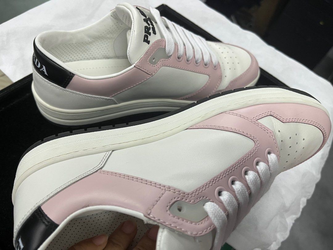 PRADA District White/Alabaster Pink Perforated Leather Sneakers, Luxury,  Sneakers & Footwear on Carousell