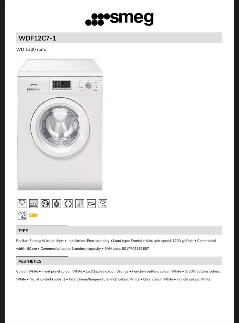 SMEG Washer Dryer 7kg / 4kg WDF12C71, TV & Home Appliances, Washing